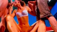 Maven in a white bra happy to have two dicks
